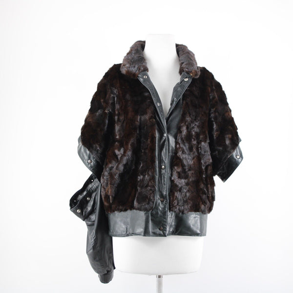 Goldwaters Sz L Black Brown Mink Fur Snap Off Sleeves Button VTG Leather Jacket