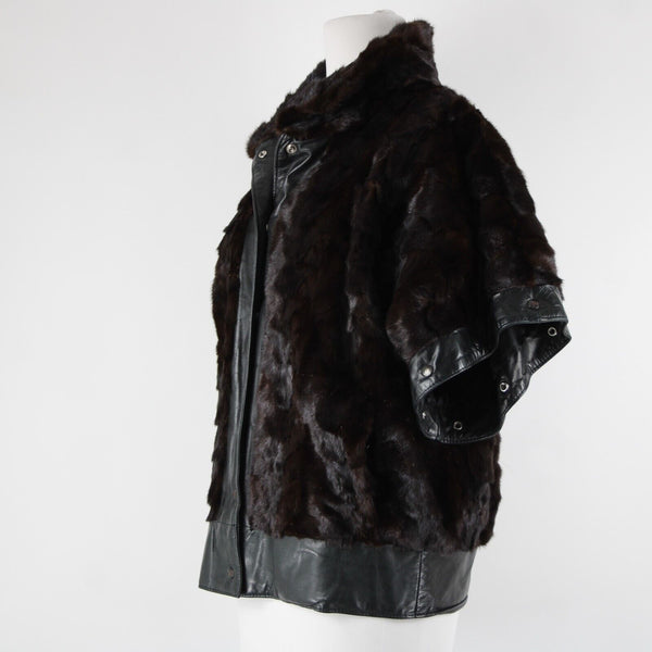 Goldwaters Sz L Black Brown Mink Fur Snap Off Sleeves Button VTG Leather Jacket