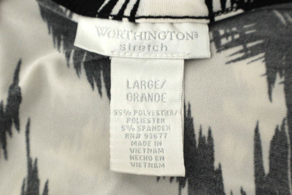 Worthington Sz L Black White Silver Back Zip Polyester Spandex Knit Top