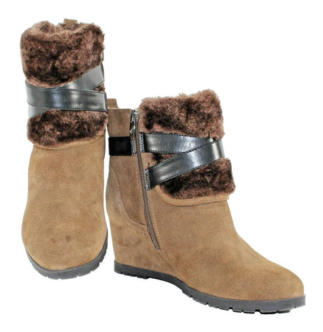 Marc Fisher Sz 7 Brown Suede Wedge Cross Strap Buckle Faux Fur Line Booties 663O