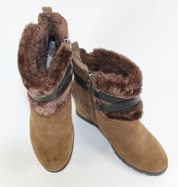 Marc Fisher Sz 7 Brown Suede Wedge Cross Strap Buckle Faux Fur Line Booties 663O