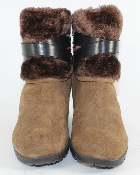 Marc Fisher Sz 7 Brown Suede Wedge Cross Strap Buckle Faux Fur Line Booties 663O