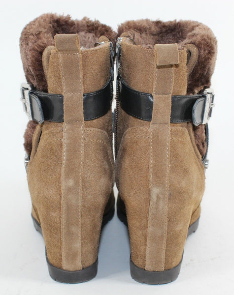 Marc Fisher Sz 7 Brown Suede Wedge Cross Strap Buckle Faux Fur Line Booties 663O