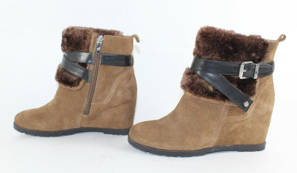Marc Fisher Sz 7 Brown Suede Wedge Cross Strap Buckle Faux Fur Line Booties 663O