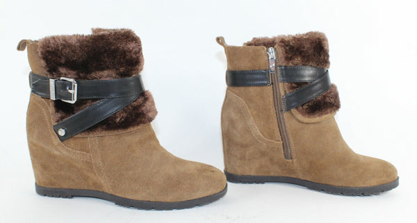 Marc Fisher Sz 7 Brown Suede Wedge Cross Strap Buckle Faux Fur Line Booties 663O