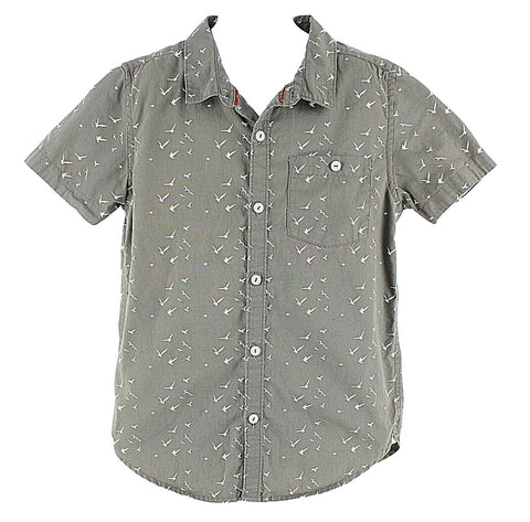 Cactus Community Sz M Boys 9-10 Gray Cream Buttoned Bird Theme 100% Cotton Shirt