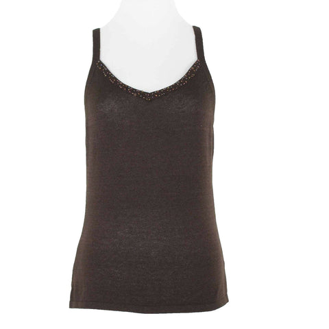 Chicos NEW $64 Sz 0 Brown Beaded Acrylic Nylon Knit Top