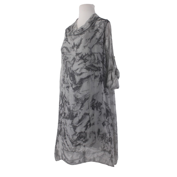 Tempo Paris Dress Sz M Gray Black Lined Cowl Neck Silk Viscose Dress