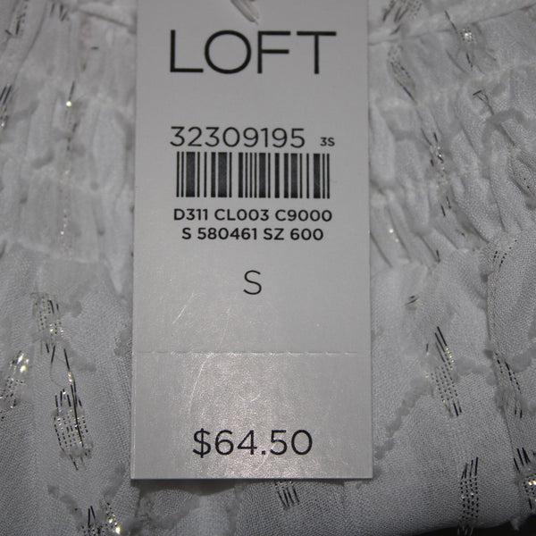 Loft NEW $65 Sz S White Silver Metallic Ruffle Lined Polyester Other Fiber Top
