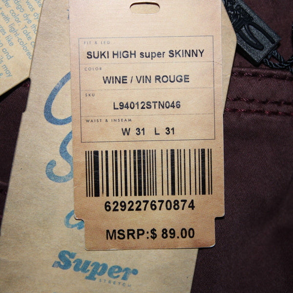Silver Jeans NEW $89 Sz 31 x 31 Wine Purple Suki High Super Skinny Cotton Pant