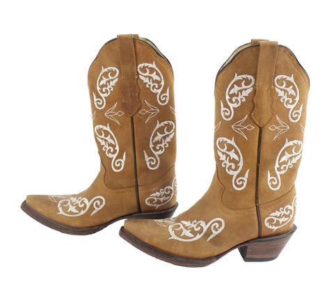 Doble Forro Vacuno Sz 23.5 Camel Ivory Embroidered Cowboy Boots 6610W
