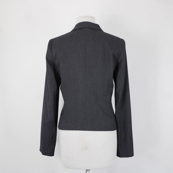 Tahari Sz 8 Gray Fine Herringbone Patch Pockets Polyester Lined Blazer Jacket