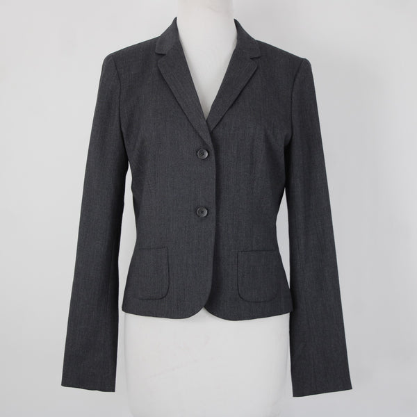 Tahari Sz 8 Gray Fine Herringbone Patch Pockets Polyester Lined Blazer Jacket