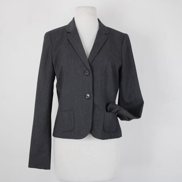 Tahari Sz 8 Gray Fine Herringbone Patch Pockets Polyester Lined Blazer Jacket