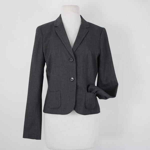 Tahari Sz 8 Gray Fine Herringbone Patch Pockets Polyester Lined Blazer Jacket