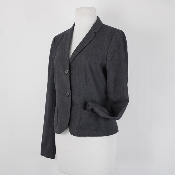 Tahari Sz 8 Gray Fine Herringbone Patch Pockets Polyester Lined Blazer Jacket