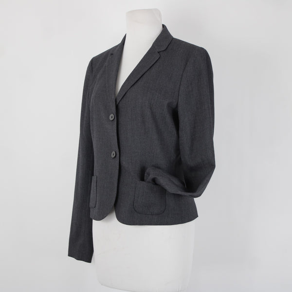 Tahari Sz 8 Gray Fine Herringbone Patch Pockets Polyester Lined Blazer Jacket