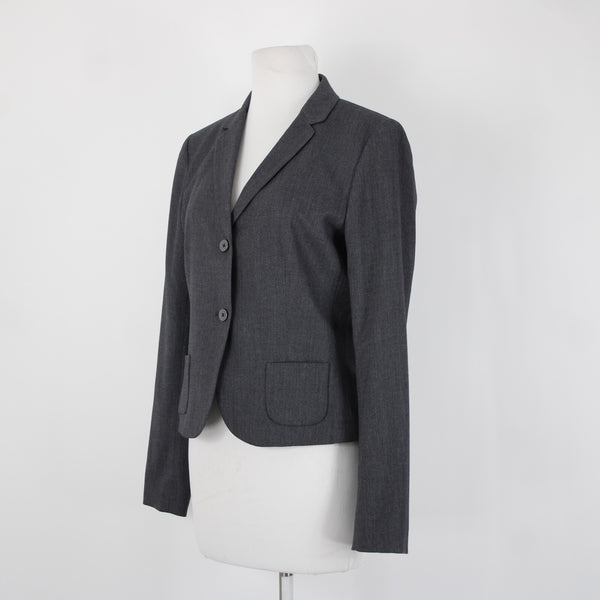 Tahari Sz 8 Gray Fine Herringbone Patch Pockets Polyester Lined Blazer Jacket