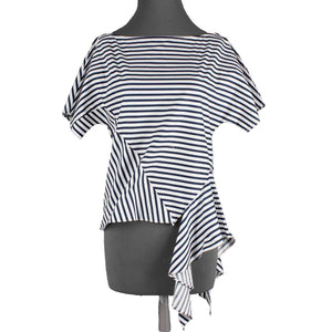 JOA NEW Sz S Navy Blue White Stripe Dolman Sleeve Side Tie Cotton Top