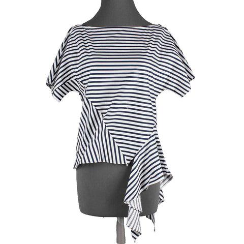 JOA NEW Sz S Navy Blue White Stripe Dolman Sleeve Side Tie Cotton Top