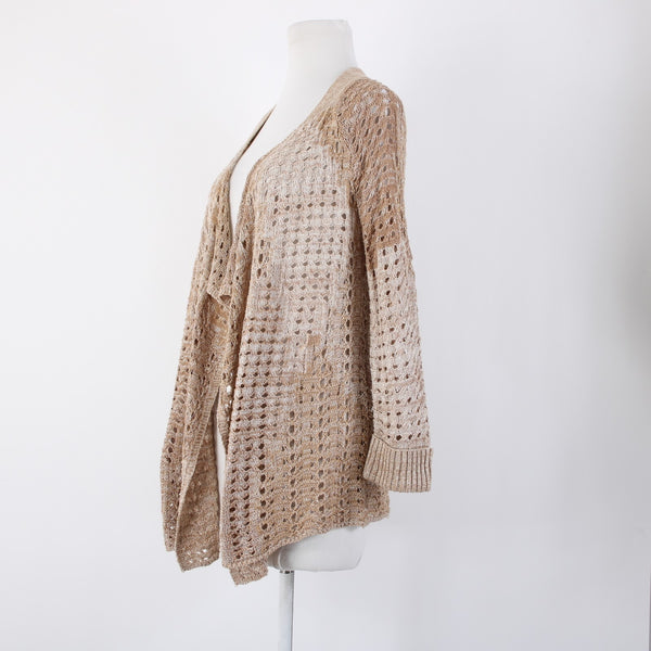 Lucky Brand Sz S Brown Tan Open Knit Long Sleeve Cotton Rayon Wrap Sweater
