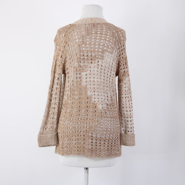 Lucky Brand Sz S Brown Tan Open Knit Long Sleeve Cotton Rayon Wrap Sweater