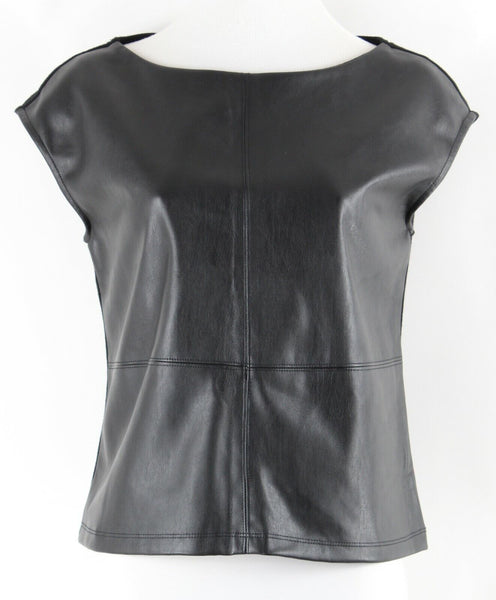 Worthington Sz PS Black Vegan Leather Front Knit Back PU Poly Spandex Top