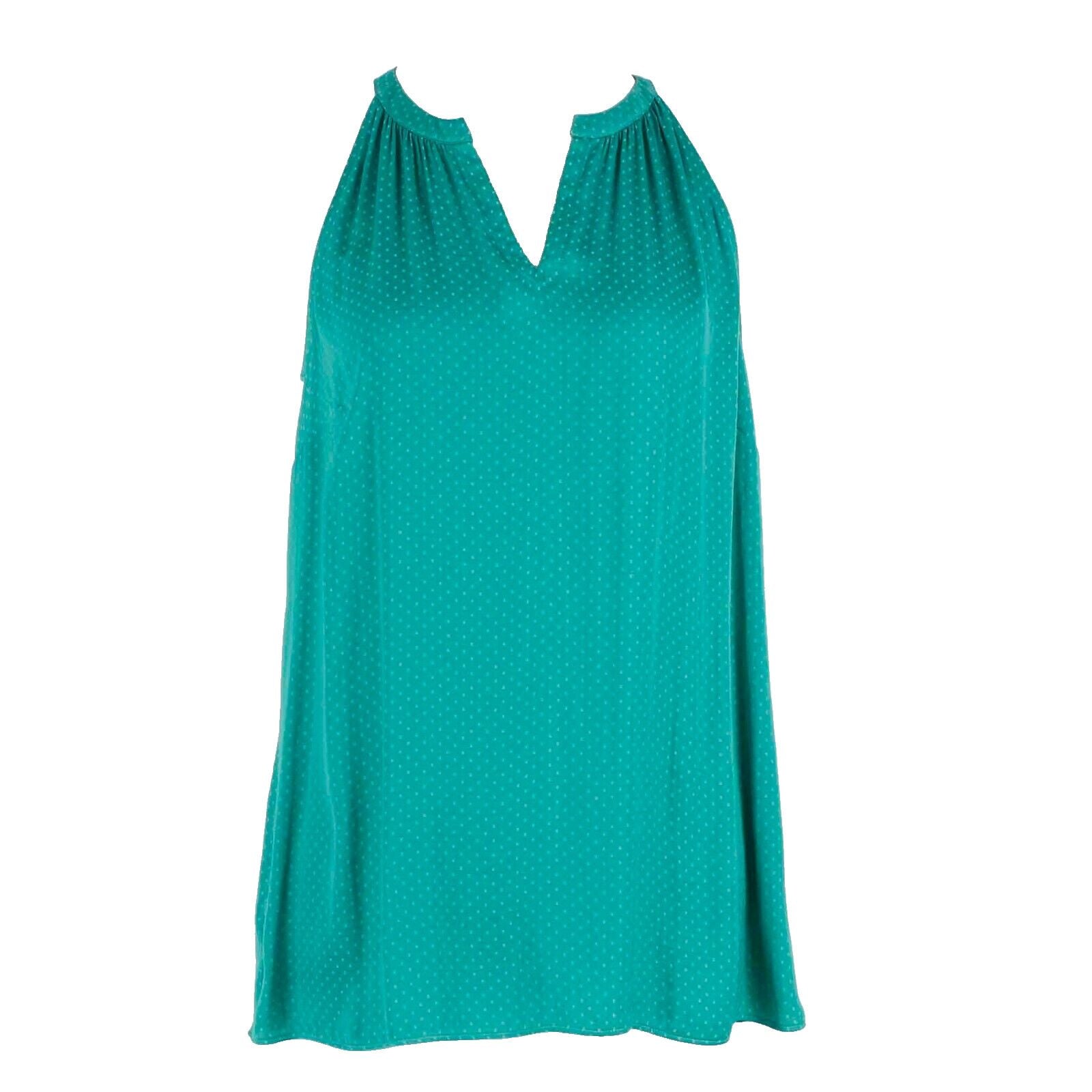 CAbi Sz S Green on Green Dotted Notched V Halter 100% Polyester Woven Top