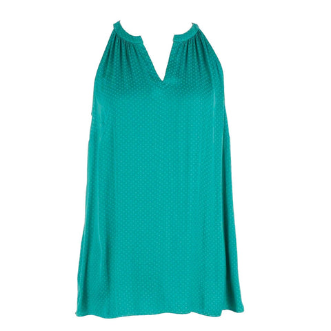 CAbi Sz S Green on Green Dotted Notched V Halter 100% Polyester Woven Top