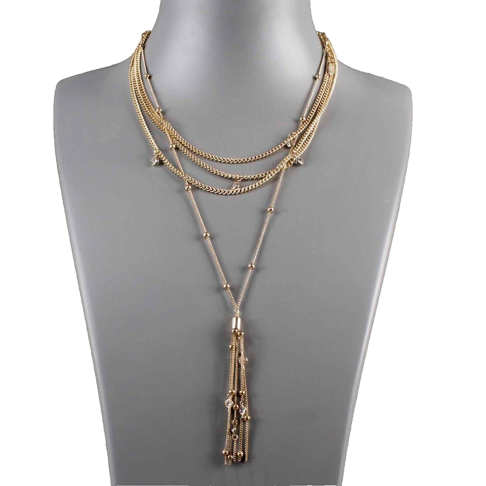 Ellika 13"-18" Goldtone 4 Strand Crystal Stations Tassel Adj. Necklace