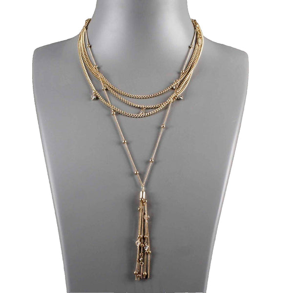 Ellika 13"-18" Goldtone 4 Strand Crystal Stations Tassel Adj. Necklace