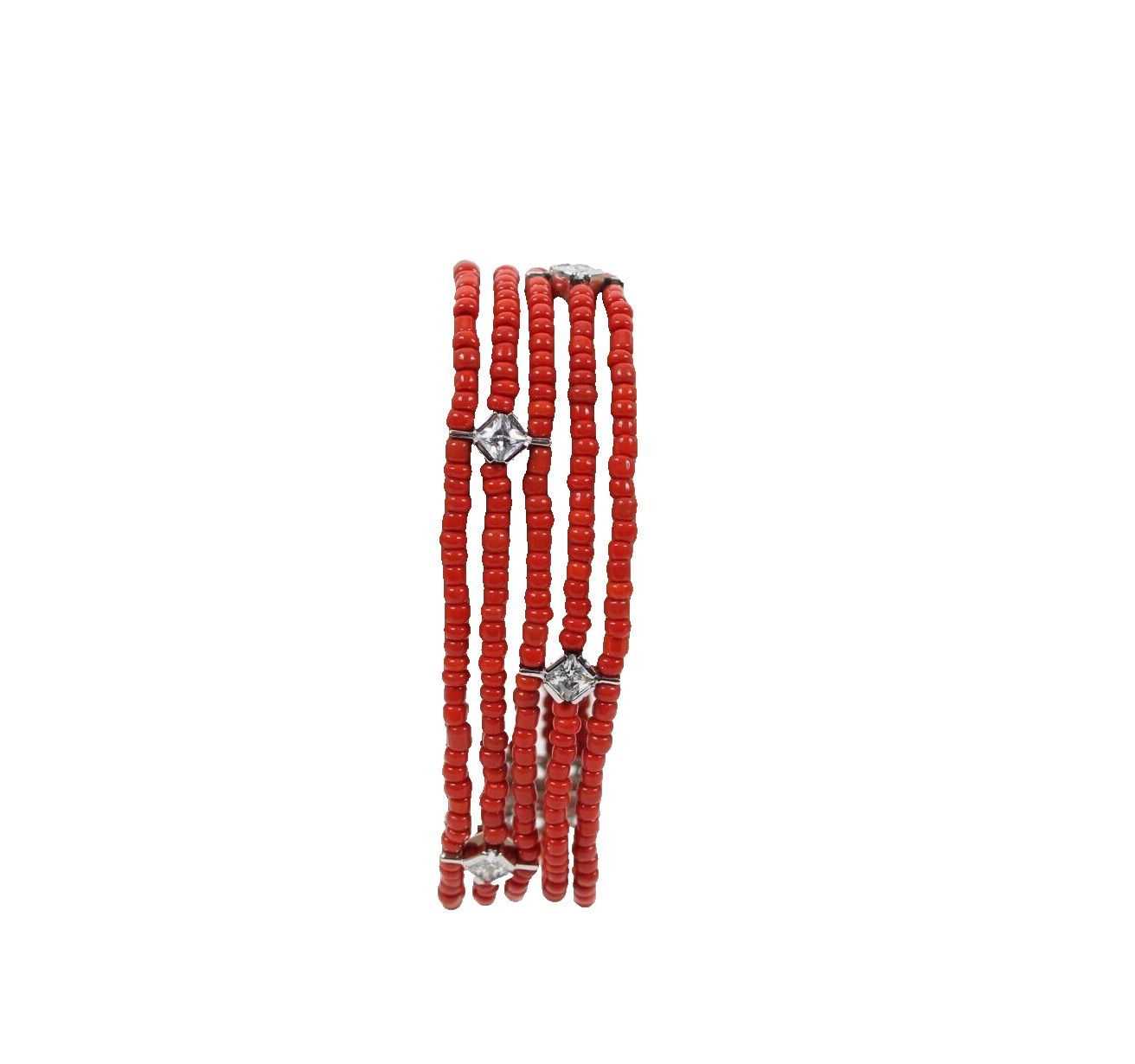 Sterling Silver Red Beaded CZ Station Multi Strand 7.5" Double Safety Bracelet