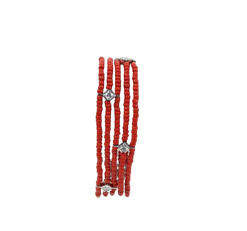 Sterling Silver Red Beaded CZ Station Multi Strand 7.5" Double Safety Bracelet