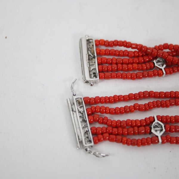 Sterling Silver Red Beaded CZ Station Multi Strand 7.5" Double Safety Bracelet