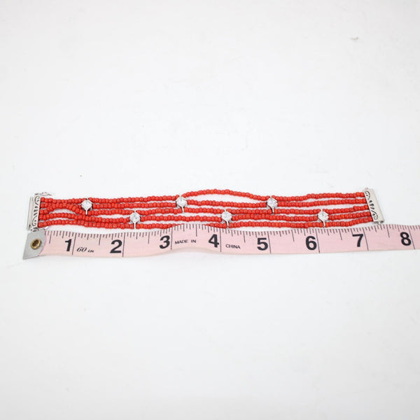 Sterling Silver Red Beaded CZ Station Multi Strand 7.5" Double Safety Bracelet