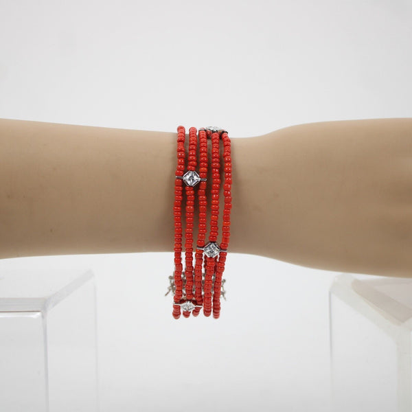 Sterling Silver Red Beaded CZ Station Multi Strand 7.5" Double Safety Bracelet