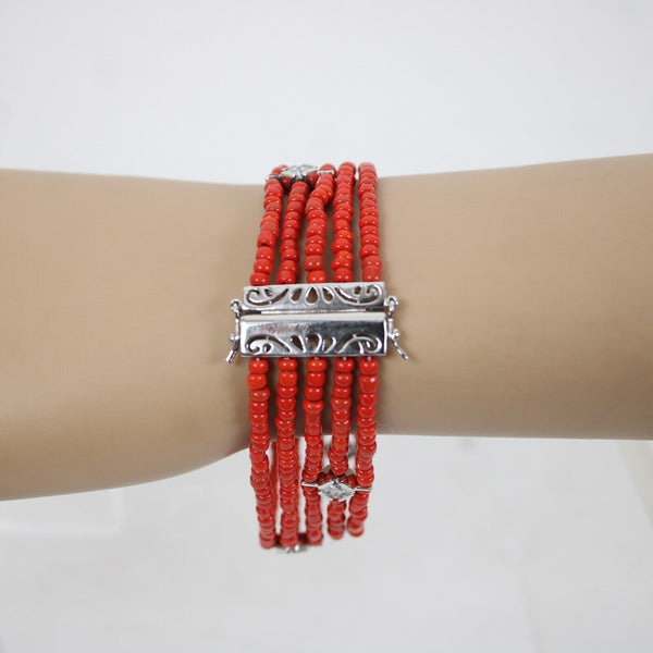 Sterling Silver Red Beaded CZ Station Multi Strand 7.5" Double Safety Bracelet