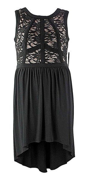 R&M Richards NEW Sz 14 Black Tan Glitter Lace Overlay Sleeveless Hi Lo Dress