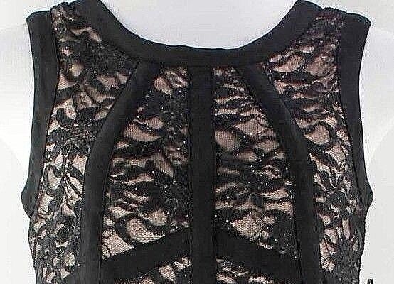 R&M Richards NEW Sz 14 Black Tan Glitter Lace Overlay Sleeveless Hi Lo Dress