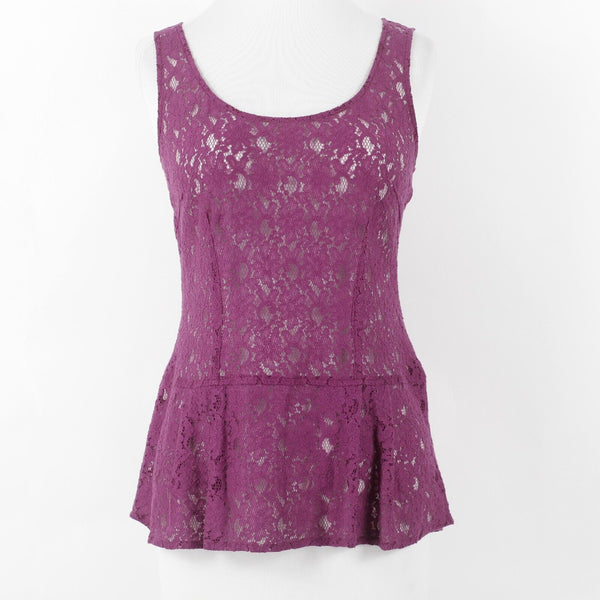 Cabi Sz XS Purple Sheer Lace Hi Lo Back Zip Pleated Cotton Nylon Top