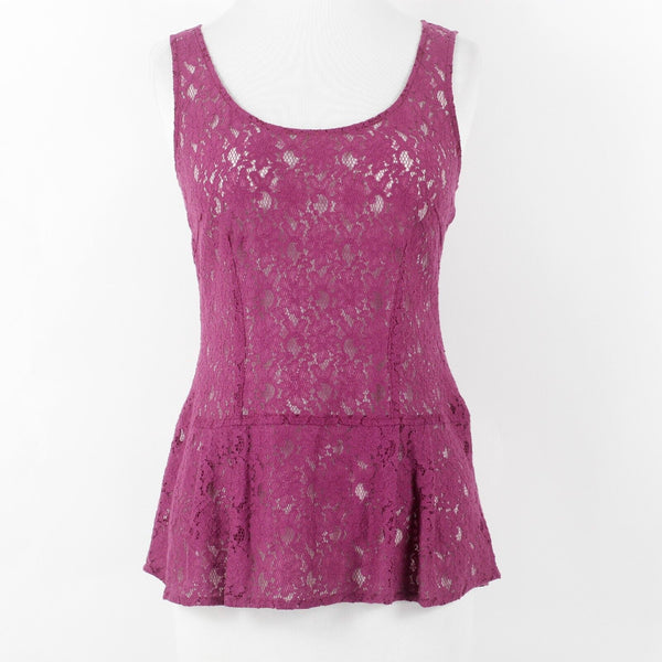 Cabi Sz XS Purple Sheer Lace Hi Lo Back Zip Pleated Cotton Nylon Top