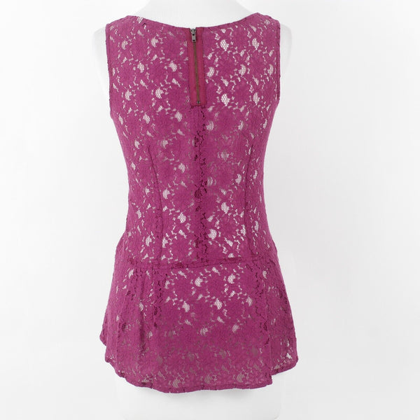 Cabi Sz XS Purple Sheer Lace Hi Lo Back Zip Pleated Cotton Nylon Top