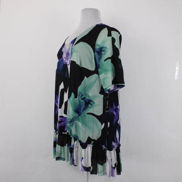 Style Co Top NEW $60 Sz 3X Black Mint Multi Color Floral Ruffles 100% Nylon Top