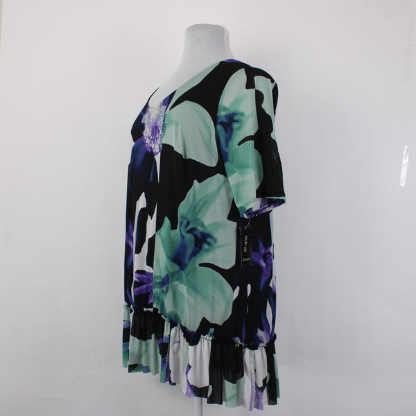 Style Co Top NEW $60 Sz 3X Black Mint Multi Color Floral Ruffles 100% Nylon Top