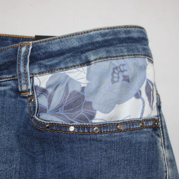 Joseph Ribkoff NEW Sz 18 Pantacourt 18 x 26 Denim White Floral Cotton Slim Crop