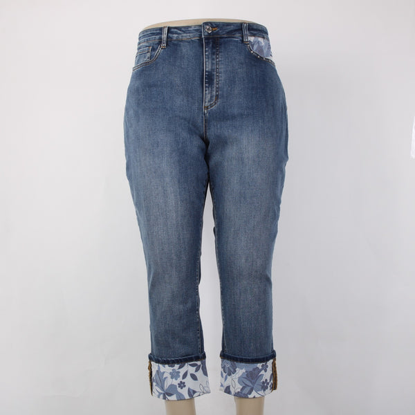 Joseph Ribkoff NEW Sz 18 Pantacourt 18 x 26 Denim White Floral Cotton Slim Crop