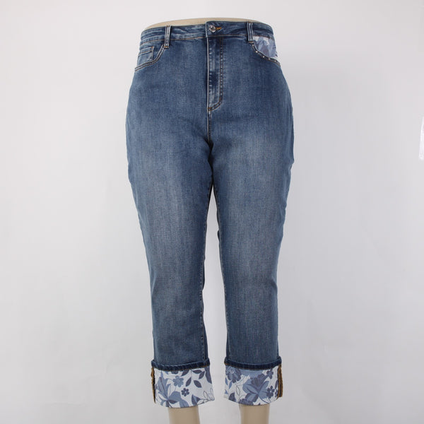 Joseph Ribkoff NEW Sz 18 Pantacourt 18 x 26 Denim White Floral Cotton Slim Crop