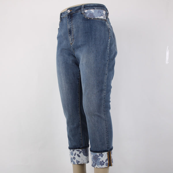 Joseph Ribkoff NEW Sz 18 Pantacourt 18 x 26 Denim White Floral Cotton Slim Crop