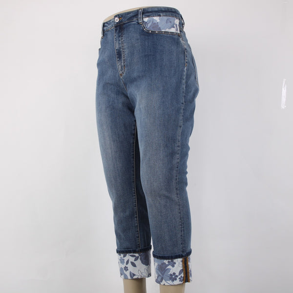 Joseph Ribkoff NEW Sz 18 Pantacourt 18 x 26 Denim White Floral Cotton Slim Crop