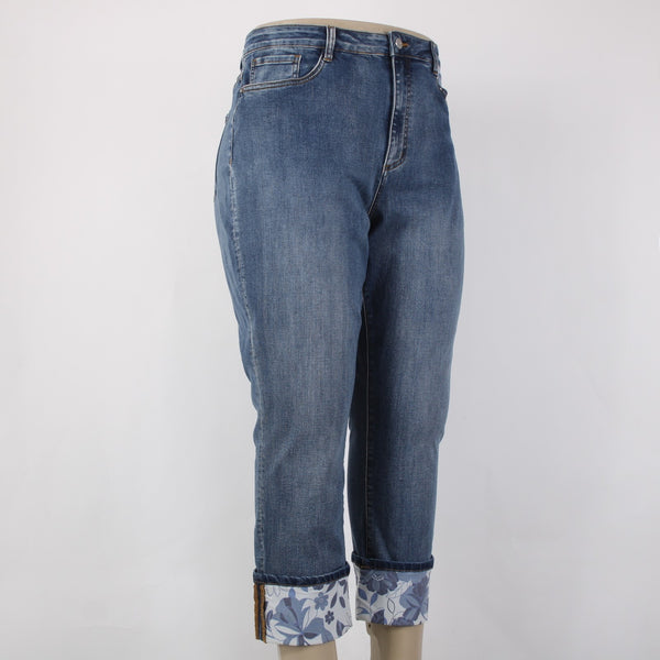 Joseph Ribkoff NEW Sz 18 Pantacourt 18 x 26 Denim White Floral Cotton Slim Crop